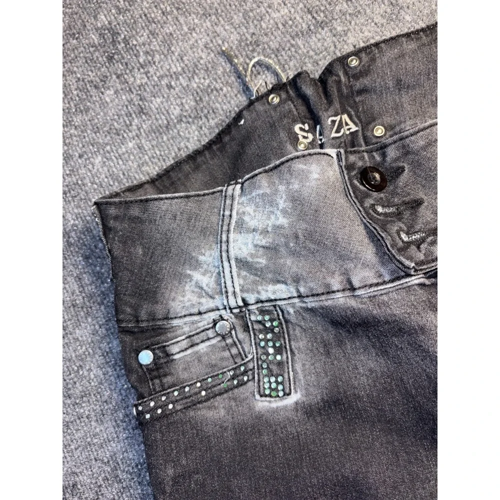 SAZA Skinny Jeans Womens 17 Gray Rhinestone Embellished Lace Up Back Button Fly‎